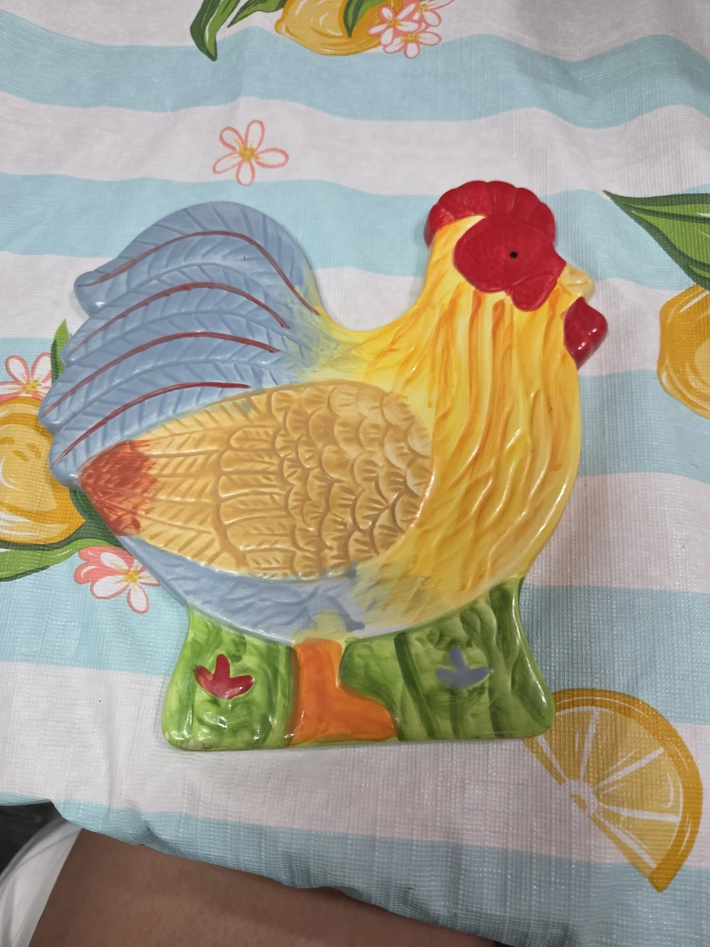 Ceramic Rooster Wall Plaque - Yellow & Blue Decorative Kitchen Accent